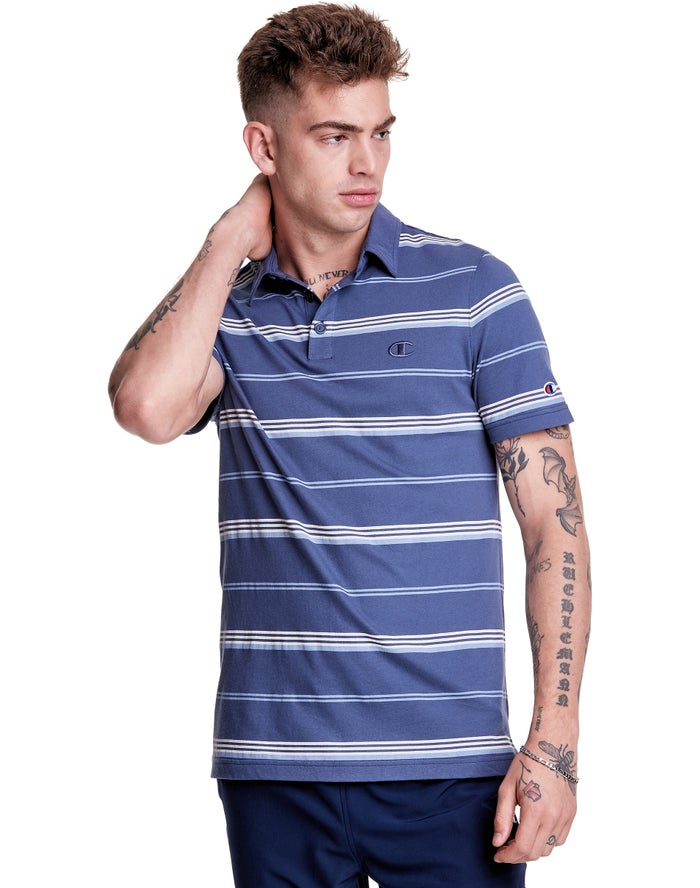 Champion Herre T-Shirts Blå/Hvide - Jersey Stripe Polo - Danmark EHX-932467